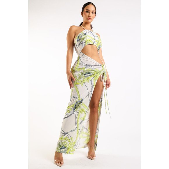 Women's Printed Halter Long Maxi Dress Strappy Sleeve Cut Out Front Sexy Cute - Picture 4 of 10